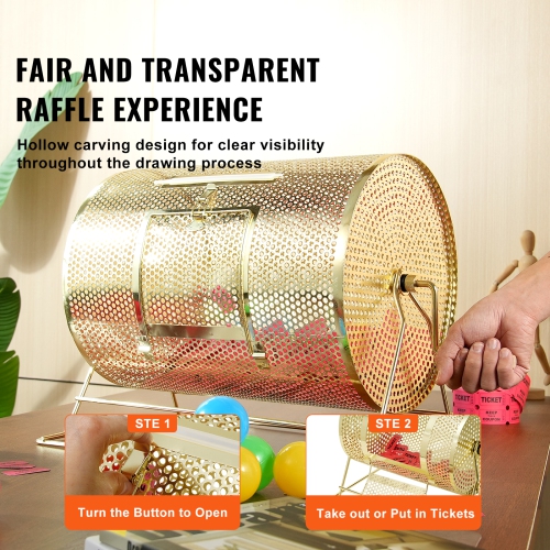 VEVOR 16.1 x 12 inch Raffle Drum, Holds 5000 Tickets or 200 Ping Pong Balls, Metal Lottery Spinning Drawing with Wooden Turning Handle, Brass Plated