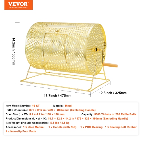 VEVOR 16.1 x 12 inch Raffle Drum, Holds 5000 Tickets or 200 Ping Pong Balls, Metal Lottery Spinning Drawing with Wooden Turning Handle, Brass Plated