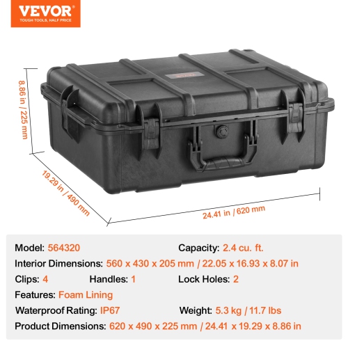 VEVOR 56.1x37x26 Weatherproof Hard Case, Protective Dry Box Case with Pre-cut Foam, and Pull Handles for Travel, Hunting, Military, Tactical, IP67