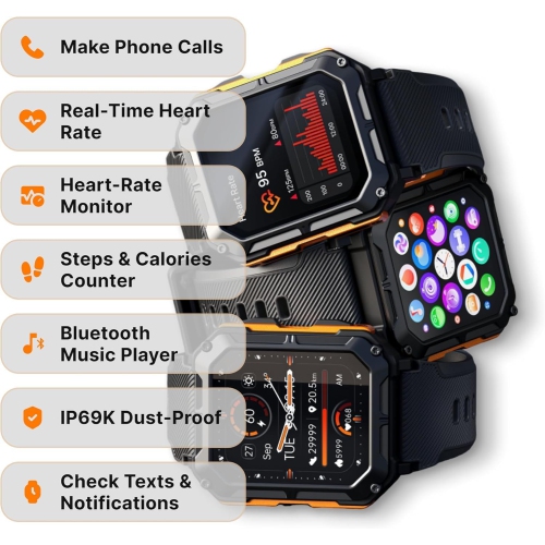 Men's Smartwatch for Outdoor,IP68 Waterproof Android Smart Watch,Smart Watch for Men with Bluetooth Calling Heart Rate Sleep Monitoring