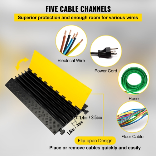 VEVOR 5 Channel Cable Protectors Extreme Rubber Cable Ramps Heavy Duty Protective Cable Wire Cord Driveway Rubber Traffic Speed Bumps Cable Protector