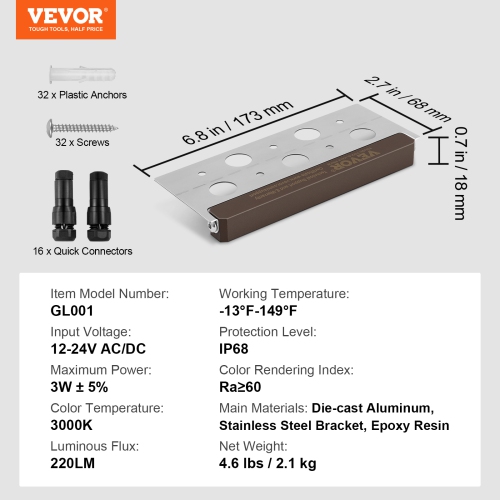 VEVOR LED Landscape Illumination, 6.8'' Wall Retention Lighting, 3W 12V-24V AC/DC Energy-Efficient Paver Illumination, IP68 Weather-Resistant, 3000K