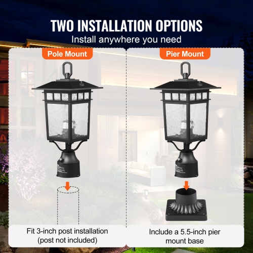 VEVOR 2 Pack Dusk to Dawn Outdoor Post Light, 15.75 in, Waterproof Lamp Post Light Fixtures with 5.5 in Pier Mount Base Glass Shade, Lightning-proof