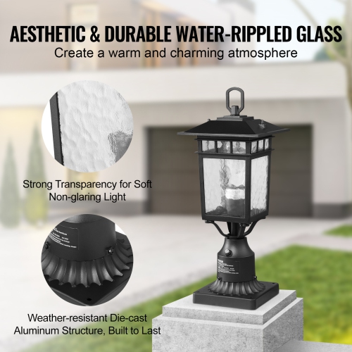VEVOR 2 Pack Dusk to Dawn Outdoor Post Light, 15.75 in, Waterproof Lamp Post Light Fixtures with 5.5 in Pier Mount Base Glass Shade, Lightning-proof