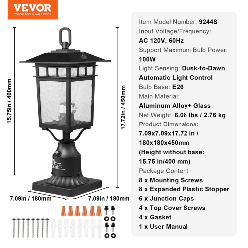 VEVOR 2 Pack Dusk to Dawn Outdoor Post Light, 15.75 in, Waterproof Lamp Post Light Fixtures with 5.5 in Pier Mount Base Glass Shade, Lightning-proof