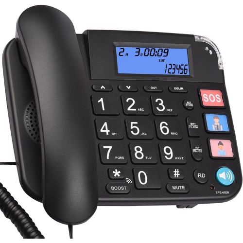 Elderly telephone landline with hearing aid function, large buttons for elderly with backlit display/mute/pause/redial, telephone for elderly with