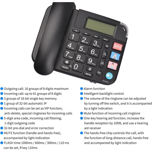 Elderly telephone landline with hearing aid function, large buttons for elderly with backlit display/mute/pause/redial, telephone for elderly with