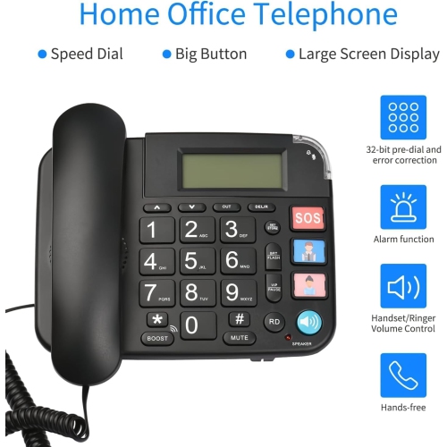 Elderly telephone landline with hearing aid function, large buttons for elderly with backlit display/mute/pause/redial, telephone for elderly with