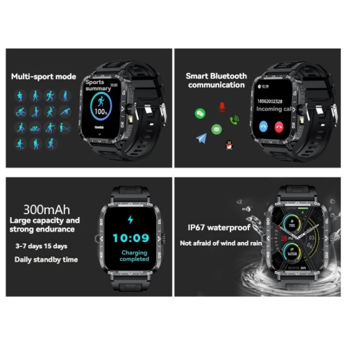 Smart Watch Flashlight Make Phone Calls Sleep Blood Pressure Health Monitor Outdoor Waterproof - Black