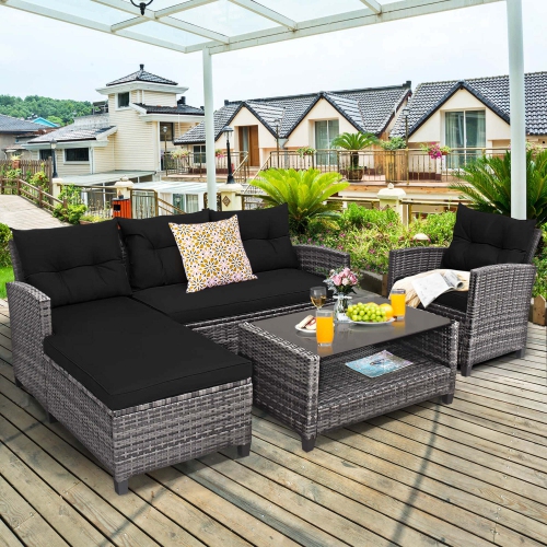 Costway 4PCS Patio Rattan Furniture Set Sofa Ottoman Cushion Garden Deck