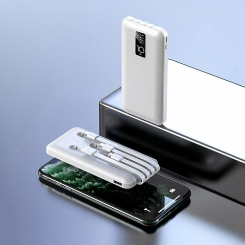 Chargeur portable 10000&nbsp;mAh pour téléphone cellulaire avec 4 câble d'entrée USB Affichage numérique Recharge mobile Trésorerie - Blanc