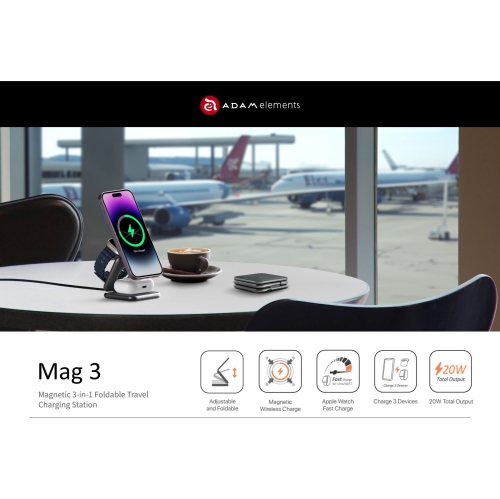 ADAM Elements Magnetic Wireless Mag 3 3-in-1 Power Charging Station for iPhone 12/13/14/15/16 series, Apple Watch and AirPods