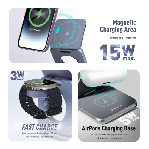ADAM Elements Magnetic Wireless Mag 3 3-in-1 Power Charging Station for iPhone 12/13/14/15/16 series, Apple Watch and AirPods