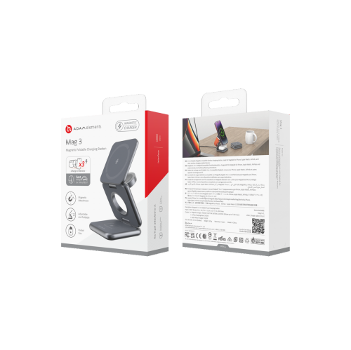 ADAM Elements Magnetic Wireless Mag 3 3-in-1 Power Charging Station for iPhone 12/13/14/15/16 series, Apple Watch and AirPods