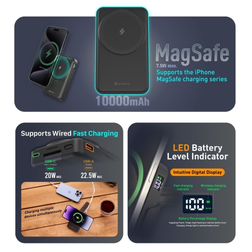 ADAM Elements Magnetic Wireless Mag 5 5-in-1 Power Charging Station with 10,000 mAh Power Bank for iPhone 12/13/14/15/16 series, Apple Watch and