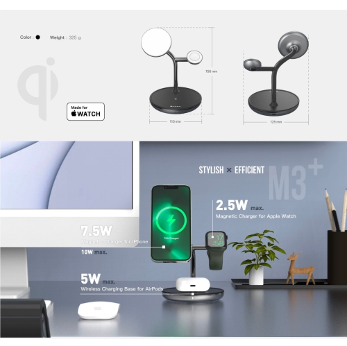 ADAM Elements Magnetic Wireless OMNIA M3+ 3-in- 1 Power Charging Station for iPhone, Apple Watch and AirPods