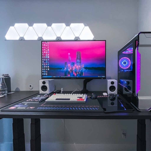 MotionGrey L Shape-Triple Motors Standing Desk with Memory Settings-71"x65" Oak Brown Top White Frame-Adjustable Sit-Stand Computer Table for Home,