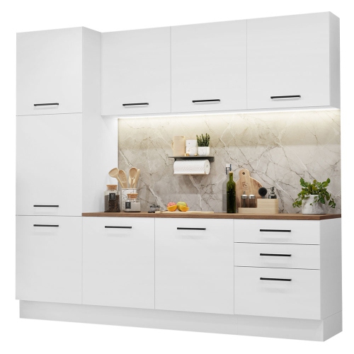 Madesa Hazel Kitchen Set 94"L Pantry Storage 3 Drawers 2 Wall Cupboard 2 Base Cabinet Engineered Wood Multiple Compartments Organization Unit - White