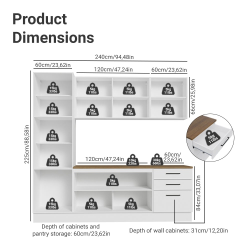 Madesa Hazel Kitchen Set 94"L Pantry Storage 3 Drawers 2 Wall Cupboard 2 Base Cabinet Engineered Wood Multiple Compartments Organization Unit - White