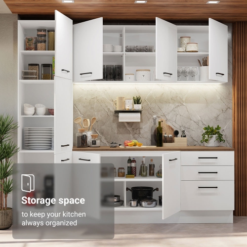 Madesa Hazel Kitchen Set 94"L Pantry Storage 3 Drawers 2 Wall Cupboard 2 Base Cabinet Engineered Wood Multiple Compartments Organization Unit - White