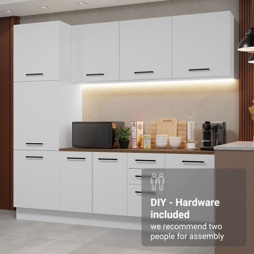 Madesa Hazel Kitchen Set 94"L Pantry Storage Base Cabinet Wall Cupboard Engineered Wood Multiple Compartments Organization Unit - White