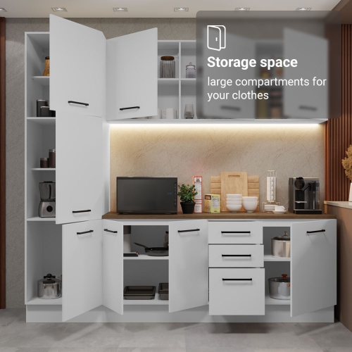 Madesa Hazel Kitchen Set 94"L Pantry Storage Base Cabinet Wall Cupboard Engineered Wood Multiple Compartments Organization Unit - White