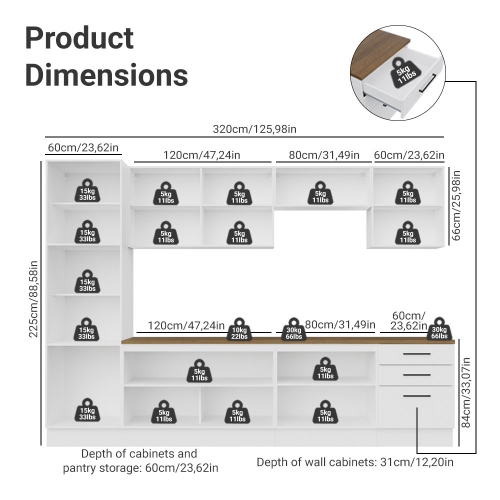 Madesa Hazel Kitchen Set 126"L Pantry Storage 3 Drawers 3 Wall Cupboards 3 Base Cabinets Engineered Wood Multiple Compartments Organization Unit -
