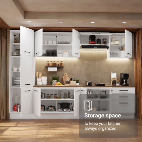 Madesa Hazel Kitchen Set 126"L Pantry Storage 3 Drawers 3 Wall Cupboards 3 Base Cabinets Engineered Wood Multiple Compartments Organization Unit -