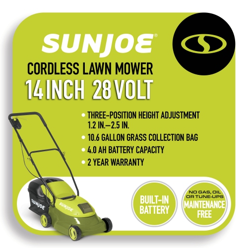 Sun Joe 14-Inch 28-Volt Max Lithium-Ion 4-Amp Cordless Lawn Mower W/Brushless Motor