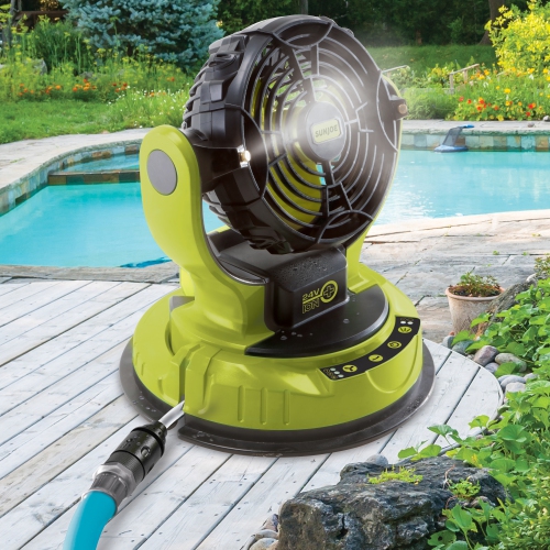 Sun Joe 24V, 2.0Ah Portable 3-Speed, Rot. Univ. Bucket Top Misting Fan with Bucket & Hose