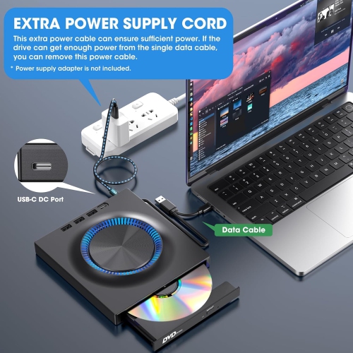 External DVD Drive, CD Drive Burner DVD Player with USB 3.0 & USB-C Hub and SD Card Reader, Portable DVD CD ROM +/-RW Disk Drive Writer