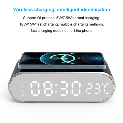 Digital Alarm Clock with Wireless Charging, Wireless Charger Clock with Charging Line Snooze Mode Temperature 12/24H Sleep Timer