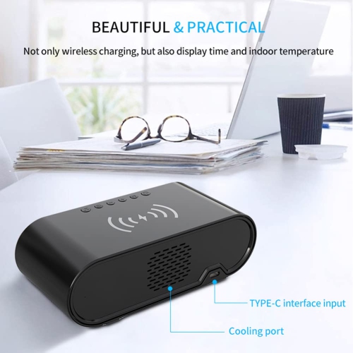 Digital Alarm Clock with Wireless Charging, Wireless Charger Clock with Charging Line Snooze Mode Temperature 12/24H Sleep Timer
