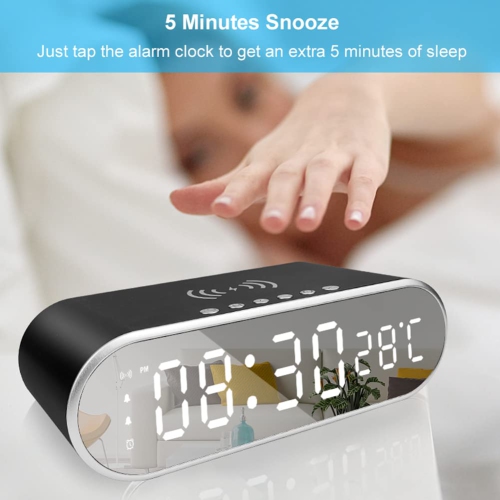 Digital Alarm Clock with Wireless Charging, Wireless Charger Clock with Charging Line Snooze Mode Temperature 12/24H Sleep Timer
