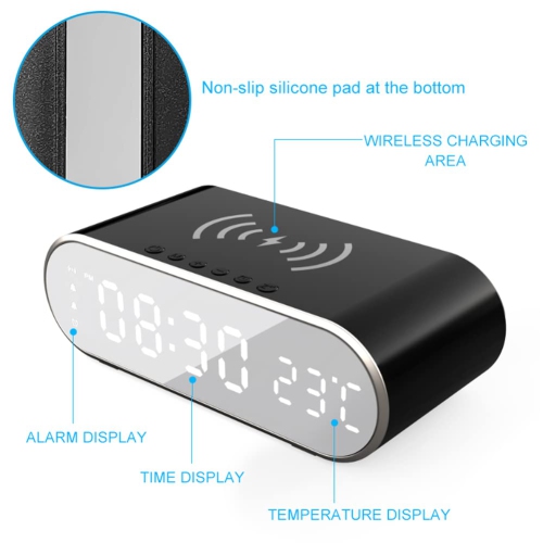 Digital Alarm Clock with Wireless Charging, Wireless Charger Clock with Charging Line Snooze Mode Temperature 12/24H Sleep Timer