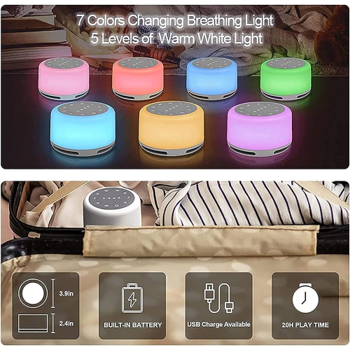 Instrument de thérapie du sommeil portable, avec 7 veilleuse couleur, 24 sons pour l'aide au sommeil, soulagement de l'anxiété, pour chambre de bébé,