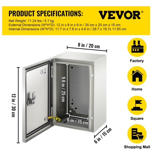 VEVOR 12'' x 8'' x 6'' NEMA Steel Enclosure,NEMA 4X Steel Electrical Box, IP66 Waterproof & Dustproof Electrical Enclosure Box, Outdoor/Indoor