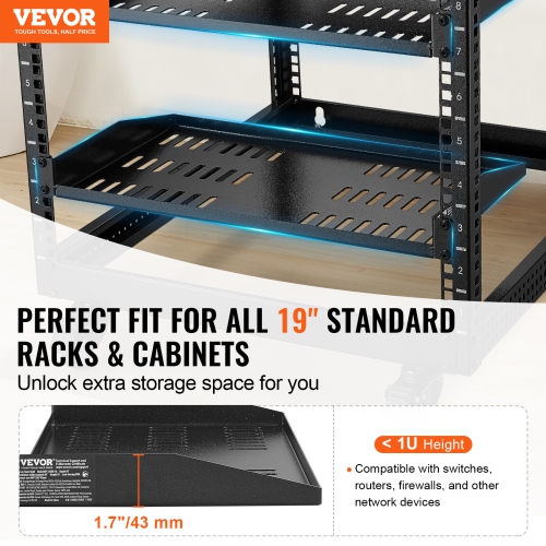 VEVOR 2PCS 1U Server Rack Shelf, 10"/254 mm Depth, 50 lbs Max Load Capacity Vented Cantilever or Wall Mount Rack Mount Shelf with Tray, Good Air