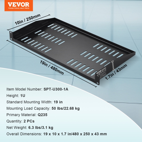 VEVOR 2PCS 1U Server Rack Shelf, 10"/254 mm Depth, 50 lbs Max Load Capacity Vented Cantilever or Wall Mount Rack Mount Shelf with Tray, Good Air