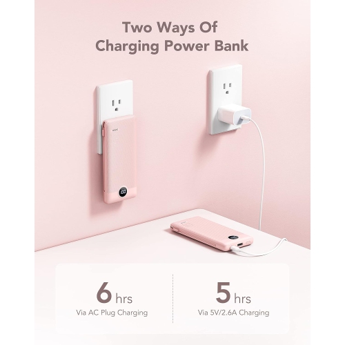 VRURC 10000mAh Portable Charger - Built-in Cables & AC Wall Plug, Ultra Slim Power Bank with 5 Outputs, LED Display, USB C, Compatible with iPhone,