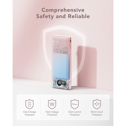 VRURC 10000mAh Portable Charger - Built-in Cables & AC Wall Plug, Ultra Slim Power Bank with 5 Outputs, LED Display, USB C, Compatible with iPhone,