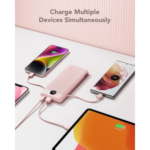 VRURC 10000mAh Portable Charger - Built-in Cables & AC Wall Plug, Ultra Slim Power Bank with 5 Outputs, LED Display, USB C, Compatible with iPhone,