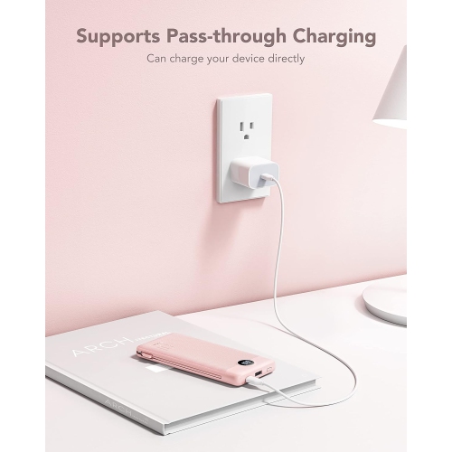 VRURC 10000mAh Portable Charger - Built-in Cables & AC Wall Plug, Ultra Slim Power Bank with 5 Outputs, LED Display, USB C, Compatible with iPhone,