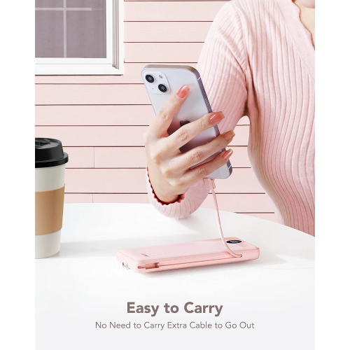 VRURC 10000mAh Portable Charger - Built-in Cables & AC Wall Plug, Ultra Slim Power Bank with 5 Outputs, LED Display, USB C, Compatible with iPhone,