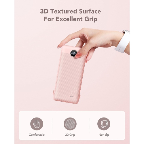 VRURC 10000mAh Portable Charger - Built-in Cables & AC Wall Plug, Ultra Slim Power Bank with 5 Outputs, LED Display, USB C, Compatible with iPhone,