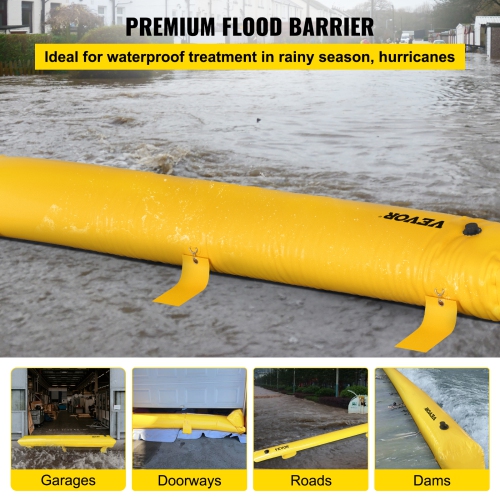 VEVOR 24 ft Length Flood Barrier, 6 in Height, Water Barrier for Flooding with Great Waterproof Effect, Reusable PVC Water Diversion Tubes, Flood