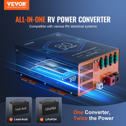 Convertisseur pour VR VEVOR de 80 A, chargeur de batterie CA à CC 12&nbsp;V pour VR de 110&nbsp;V avec chargeur intelligent à 4 étapes 13&nbsp;V à
