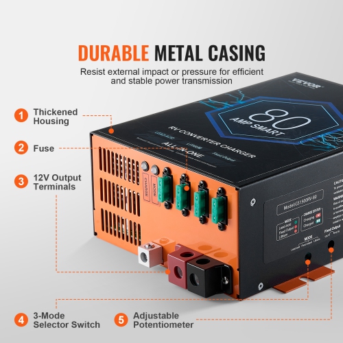 Convertisseur pour VR VEVOR de 80 A, chargeur de batterie CA à CC 12&nbsp;V pour VR de 110&nbsp;V avec chargeur intelligent à 4 étapes 13&nbsp;V à