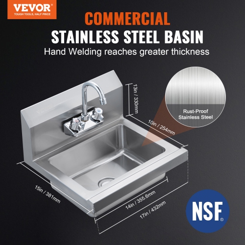 VEVOR 17 x 12.8 inch Commercial Hand Sink with Faucet, NSF Stainless Steel Sink for Washing, Small Hand Washing Sink, Wall Mount Hand Basin, Utility