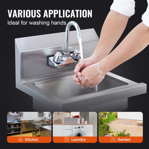 VEVOR 17 x 12.8 inch Commercial Hand Sink with Faucet, NSF Stainless Steel Sink for Washing, Small Hand Washing Sink, Wall Mount Hand Basin, Utility